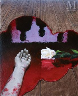A surreal composition featuring a pale hand reaching into a pool of red liquid containing a white rose.