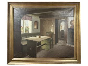 A quiet interior scene featuring a wooden table in a rustic room with soft natural light.