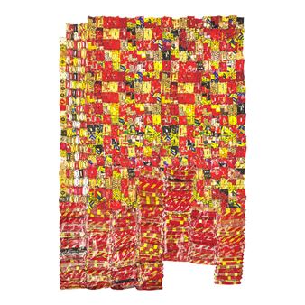 A vibrant textile artwork composed of a dense mosaic of small, colorful printed squares.