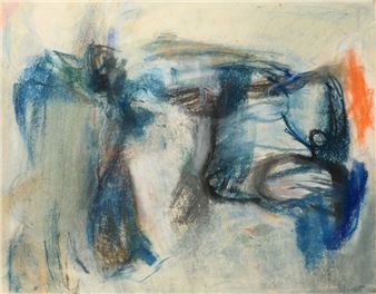 An abstract pastel composition featuring a face-like form in cool blues and earthy tones against a pale background.