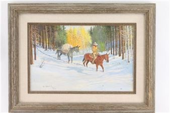 A winter forest scene featuring a person on horseback and a pack animal walking through snow.