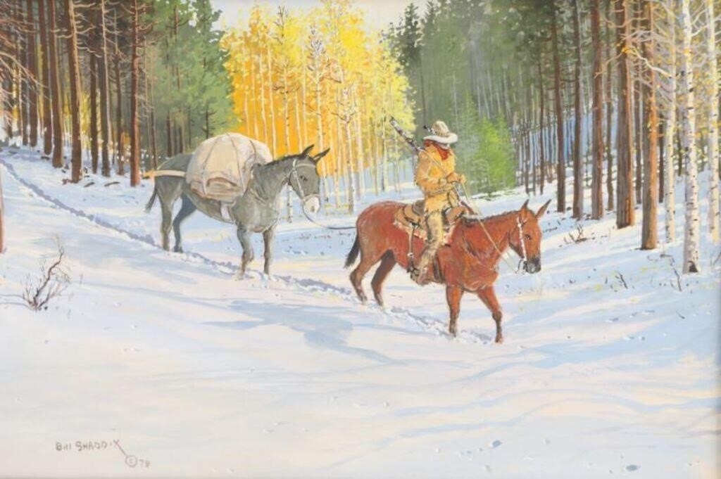 A winter forest scene featuring a person on horseback and a pack animal walking through snow.