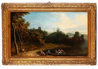 A classical landscape painting featuring a river scene with rowers, distant ruins, and a golden ornate frame.