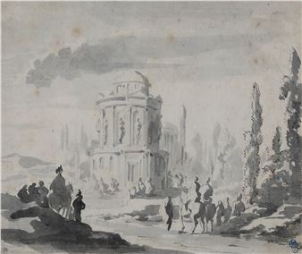 A monochromatic watercolor landscape featuring a classical ruin with figures and horses in the foreground.