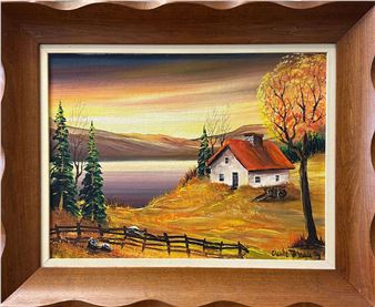 A rustic landscape painting of a red-roofed house by a lake at sunset.