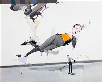 A surreal painting features a floating figure in a suit and a smaller person cleaning the floor below.