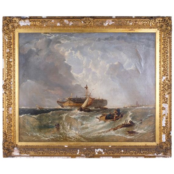 A dramatic seascape painting depicting a large ship battling rough waves under a turbulent sky.