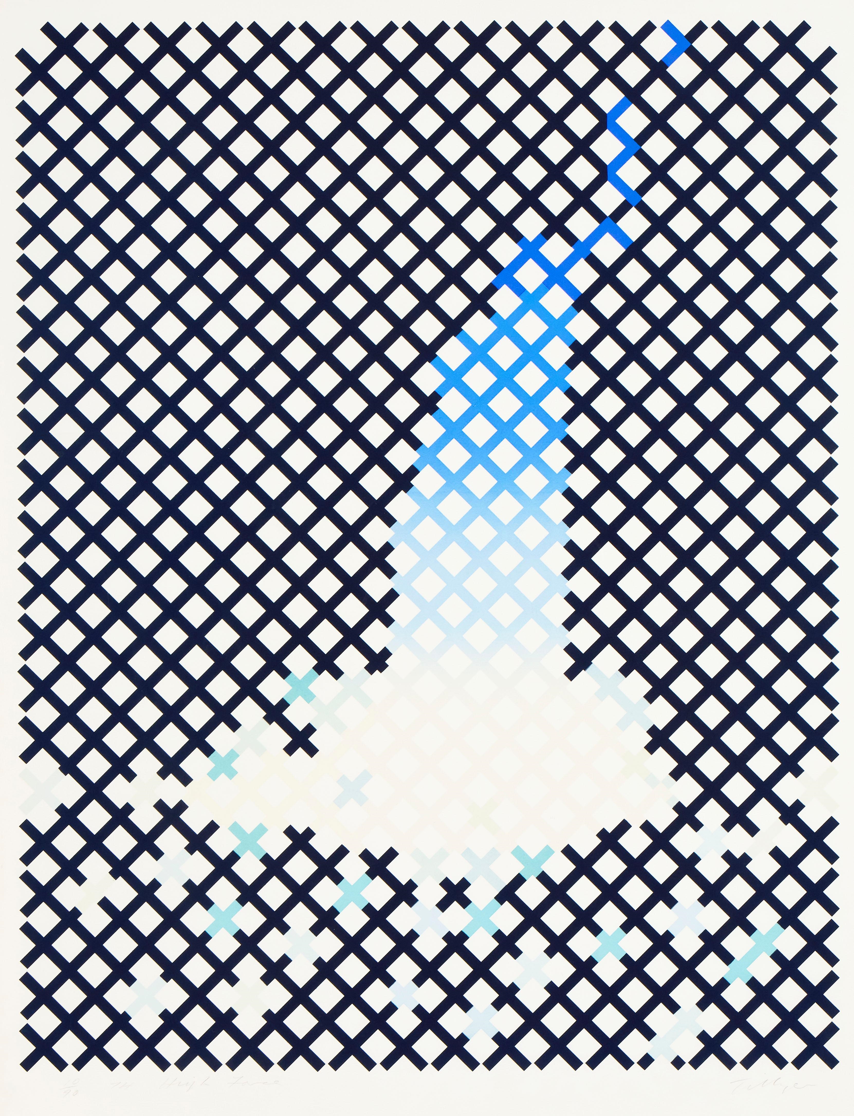 A geometric pixel art composition featuring a central light blue shape against a dark lattice background.