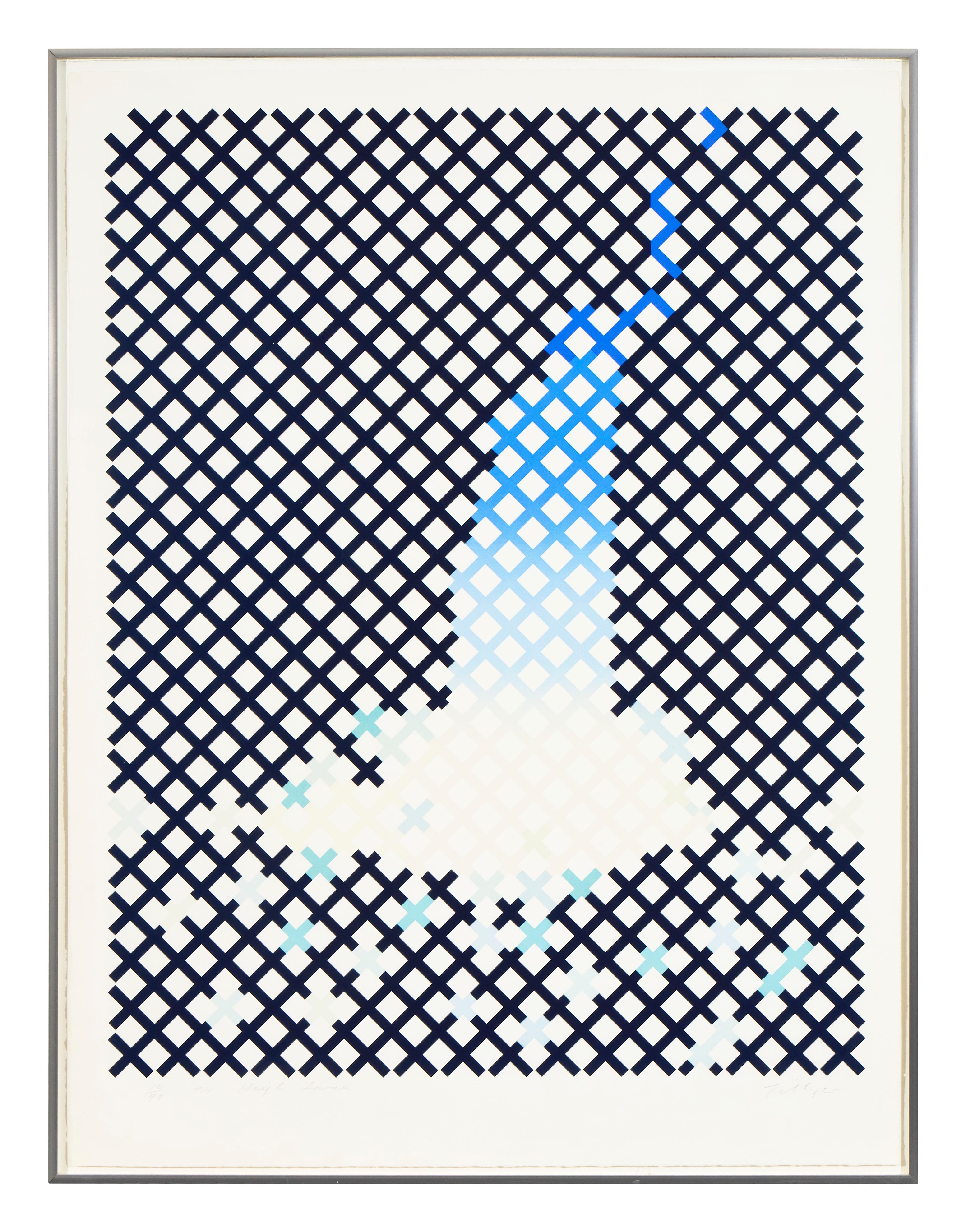 A geometric pixel art composition featuring a central light blue shape against a dark lattice background.