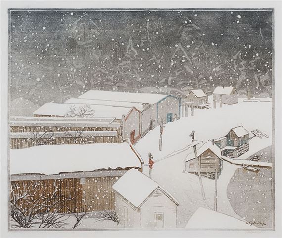 A serene winter village scene under heavy snowfall.