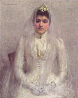 A formal portrait of a seated figure in white bridal attire against a textured neutral background.