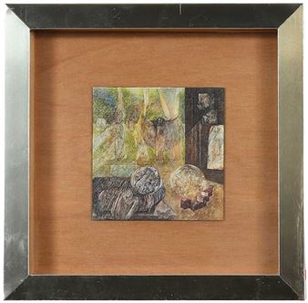 A still life painting featuring a clock, crystal ball, and abstract figures in a muted palette.