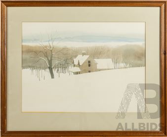A serene winter landscape painting featuring a snow-covered house and bare trees.