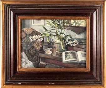 A still life painting featuring a potted orchid, an open book, and a textured stone on a wooden surface.