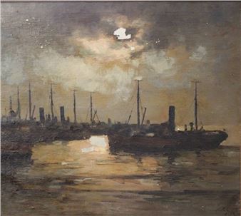 Schiffe im Hafern bei Nacht - Rudolf Guba