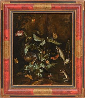 A dark still life painting featuring a central plant surrounded by insects and a small animal, framed in ornate red wood.