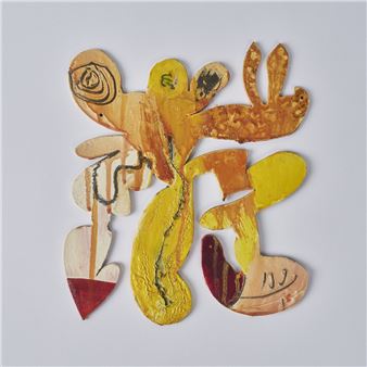 A colorful, abstract wooden sculpture featuring organic shapes and expressive brushwork.