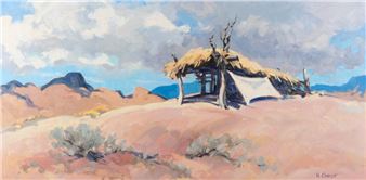 A desert landscape painting featuring a rustic tent under a cloudy sky.