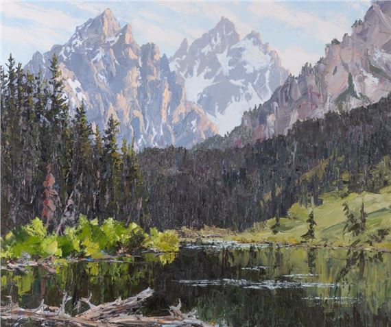 A serene landscape painting featuring a mountain range reflected in a calm lake.