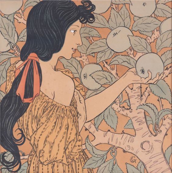 A profile view of a figure in an off-the-shoulder dress reaching for fruit on a tree.