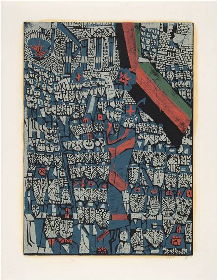 A dense, block-print style composition featuring a central figure amidst a chaotic crowd of geometric shapes.