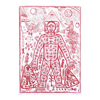 A red monoline art print featuring a central figure with multiple heads and an eye motif on the body, surrounded by symbolic imagery.