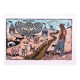 A whimsical illustration of a circus wagon journeying through a rural landscape with a figure and animals.