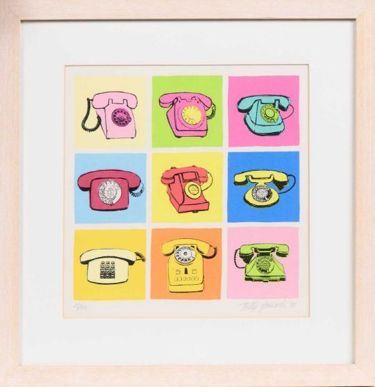 A colorful grid print featuring nine vintage telephones against pastel backgrounds.