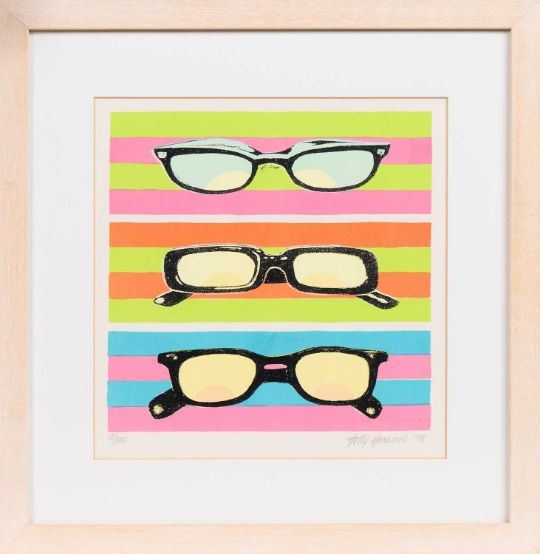 A colorful graphic print featuring three pairs of glasses against a striped background.