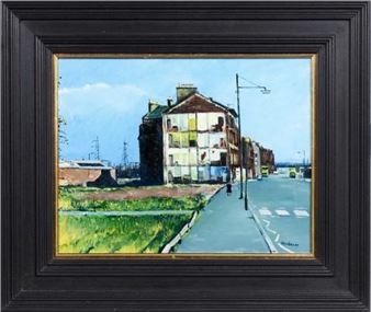 A framed watercolor painting of an urban street scene with a multi-story building and a green field.