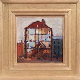 A framed oil painting of a multi-story building in an urban setting.