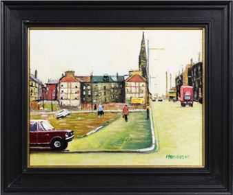 A street scene painting featuring a red car, pedestrians, and buildings under a pale sky.