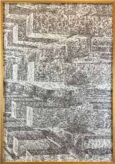 A monochromatic charcoal drawing of a textured, blocky architectural interior.