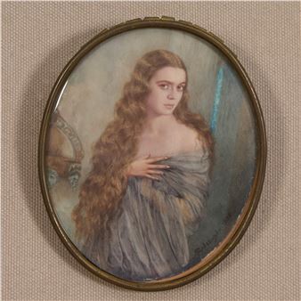 An oval portrait miniature of a woman with long hair in a muted palette.