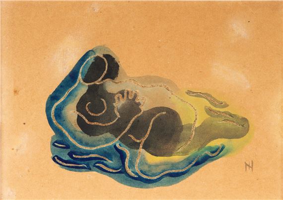 An abstract watercolor study of a reclining figure in blue and green tones.