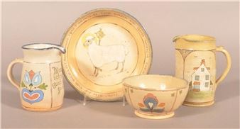 A collection of five hand-painted ceramic pieces featuring pastoral and folk art motifs.