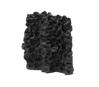 A dark, textured block with a porous surface against a stark white background.