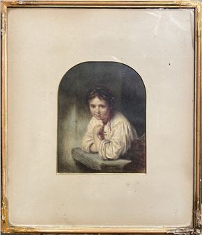 A framed portrait of a young figure resting their chin on their hand, rendered in soft, muted tones.