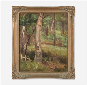 A painting of a wooded area with a fence in the foreground.