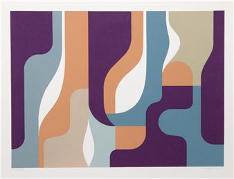 A colorful abstract composition of vertical, wavy shapes in muted purples, blues, and oranges.