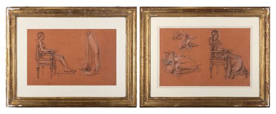 Two Studies of a Clothed and Nude Model sitting in an Empire Armchair with associated drapery studies - Edward John Poynter