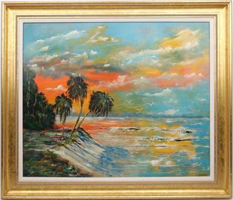 A vibrant oil painting of a tropical coastline at sunset.