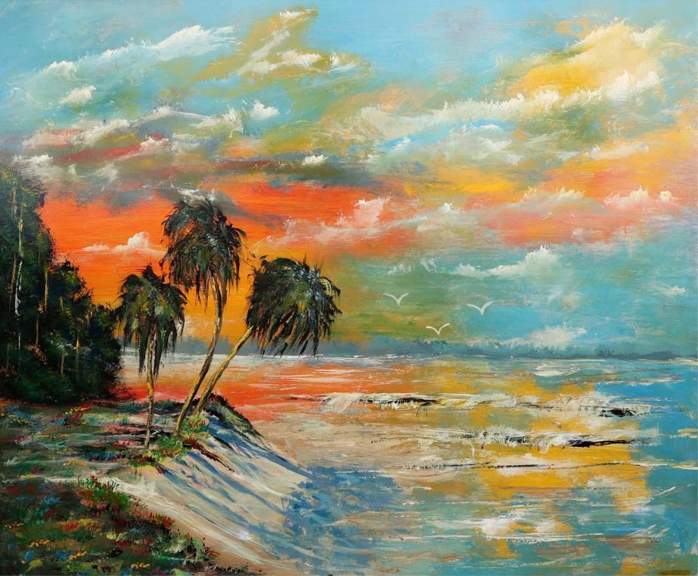 A vibrant oil painting of a tropical coastline at sunset.