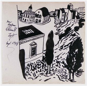 A black ink sketch of a hillside town with distinctive domed buildings and trees.