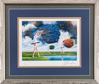A surreal landscape featuring figures interacting with floating, cloud-like spheres.