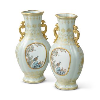 A FINE AND VERY RARE PAIR OF CELADON-GROUND FAMILLE ROSE 'PHEASANT AND DEER' VASES - Chinese School, 18th Century