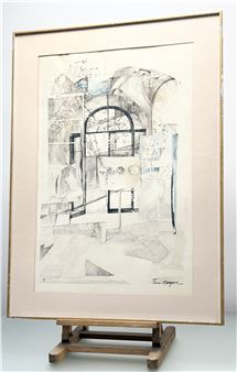 A framed architectural sketch on an easel featuring abstract geometric forms and a signature.