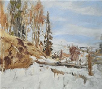 A winter landscape painting featuring a snowy hillside, bare trees, and a distant fence under a pale sky.
