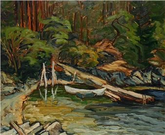 A rustic wooden boat rests at the edge of a calm river, surrounded by dense forest and rocky terrain.