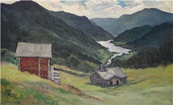 A pastoral landscape painting featuring a red barn and a small house nestled in a valley with distant mountains.
